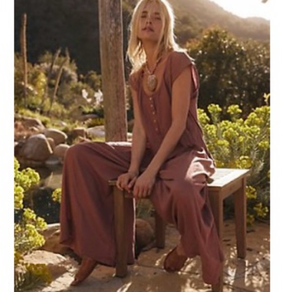 Free People Rosewood Button-Front Wide-Leg Jumpsuit
